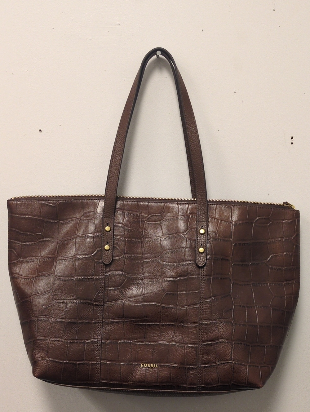 Fossil Dark Brown Croc-Embossed Leather Tote